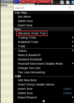 The Allocation Order Tool menu in TWS. 